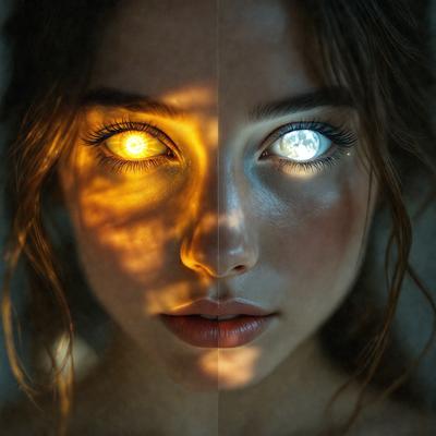The primary subject of the image is a woman with glowing eyes. She is wearing a dress and has a unique appearance. The setting is a dark room, and the visual style is a digital art or illustration. The colors and mood of the image are mysterious and intriguing, with the woman's glowing eyes being the main focal point.